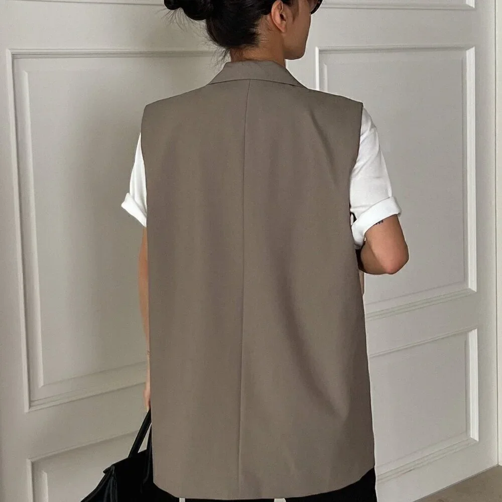 Khaki Casual Women's Double Button Double Pocket Vest Blazer
